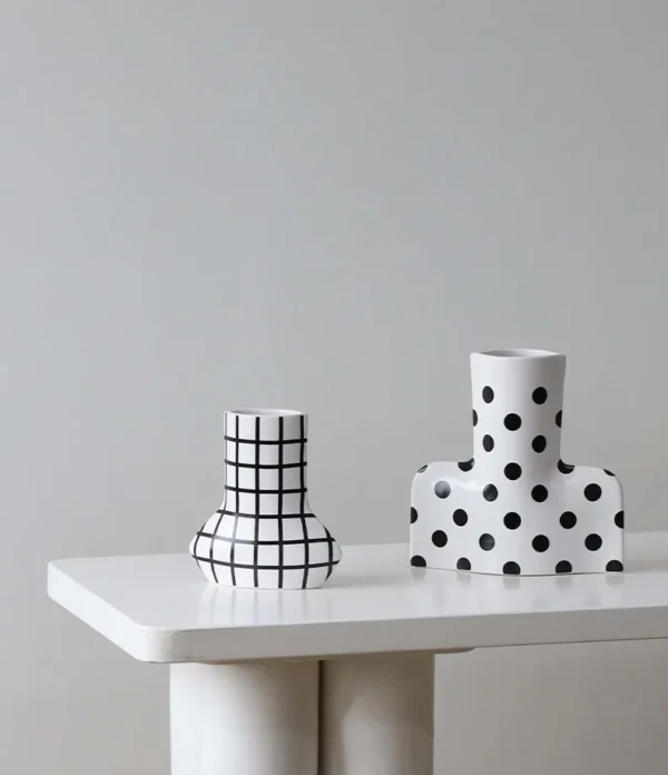 Black and White Polka Dot Sculptural Ceramic Vase, Large or in ivory — in a room setting