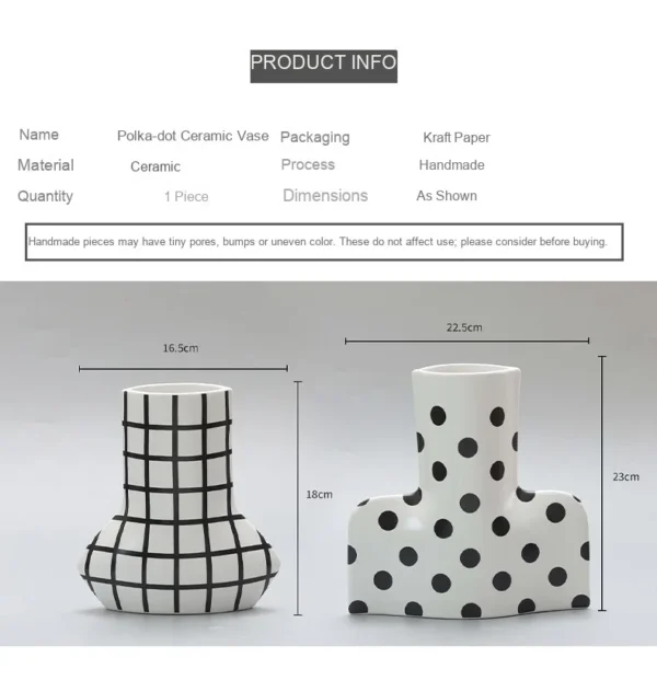Black and White Polka Dot Sculptural Ceramic Vase, Large or in ivory — dimensions