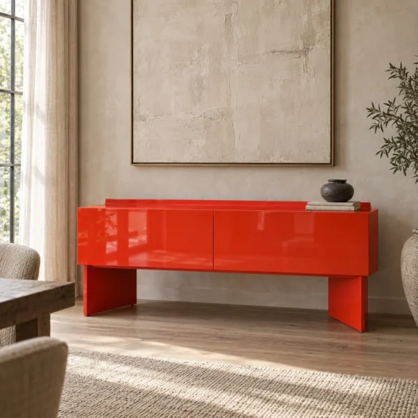 Chinese Red Lacquer Minimalist Sideboard in red — in a room setting