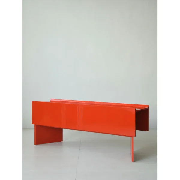 Chinese Red Lacquer Minimalist Sideboard in red — in a room setting