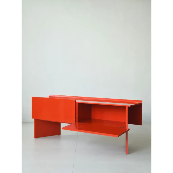 Chinese Red Lacquer Minimalist Sideboard in red — in a room setting