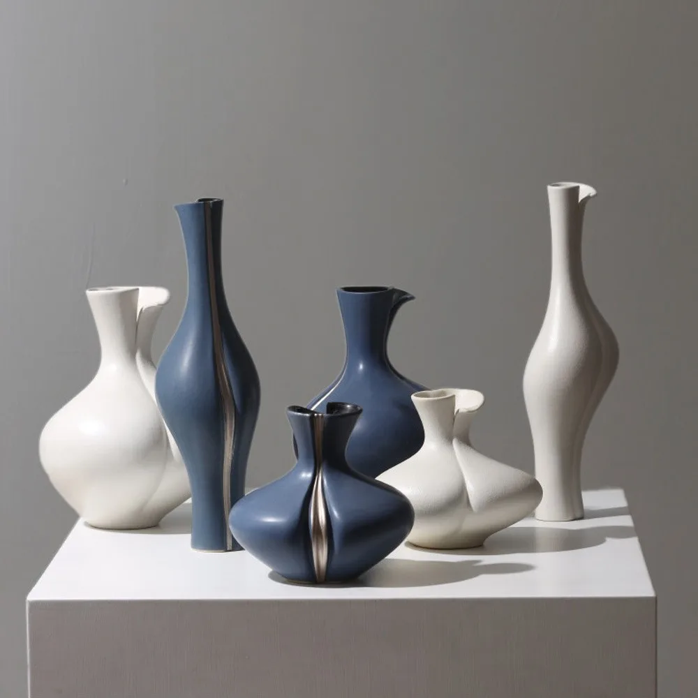 Sculptural Ceramic Bud Vases in Cream and Navy, Three Sizes — front view