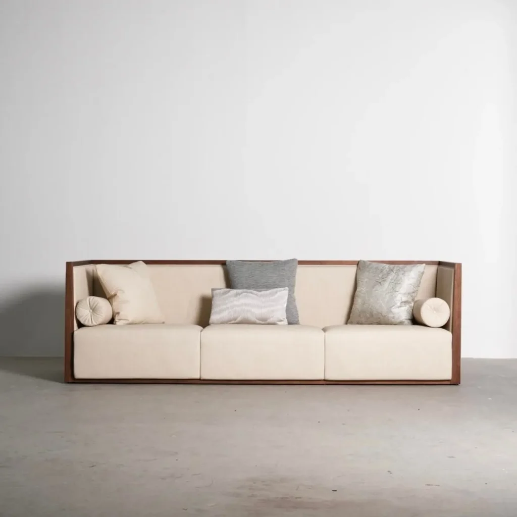 New Chinese Ash Frame Sofa with Mixed Fabric Cushions, 280 cm — front view