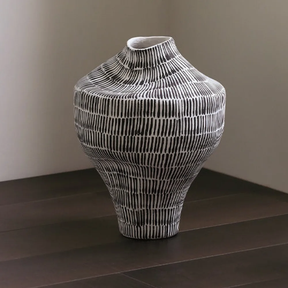 Jingdezhen Black Line Textured Floor Vase, Forms A and C in ivory — front view