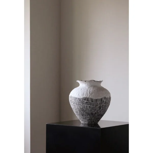 Jingdezhen Black Line Textured Floor Vase, Forms A and C in ivory — in a room setting