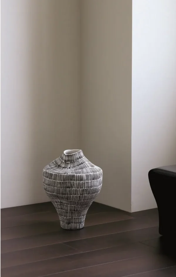 Jingdezhen Black Line Textured Floor Vase, Forms A and C in ivory — in a room setting