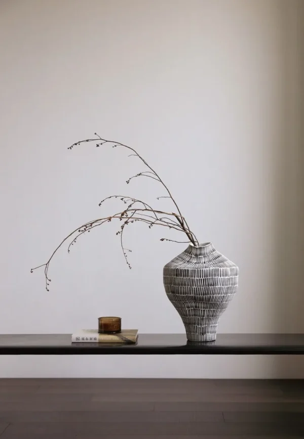 Jingdezhen Black Line Textured Floor Vase, Forms A and C in ivory — in a room setting