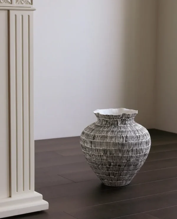 Jingdezhen Black Line Textured Floor Vase, Forms A and C in ivory — in a room setting