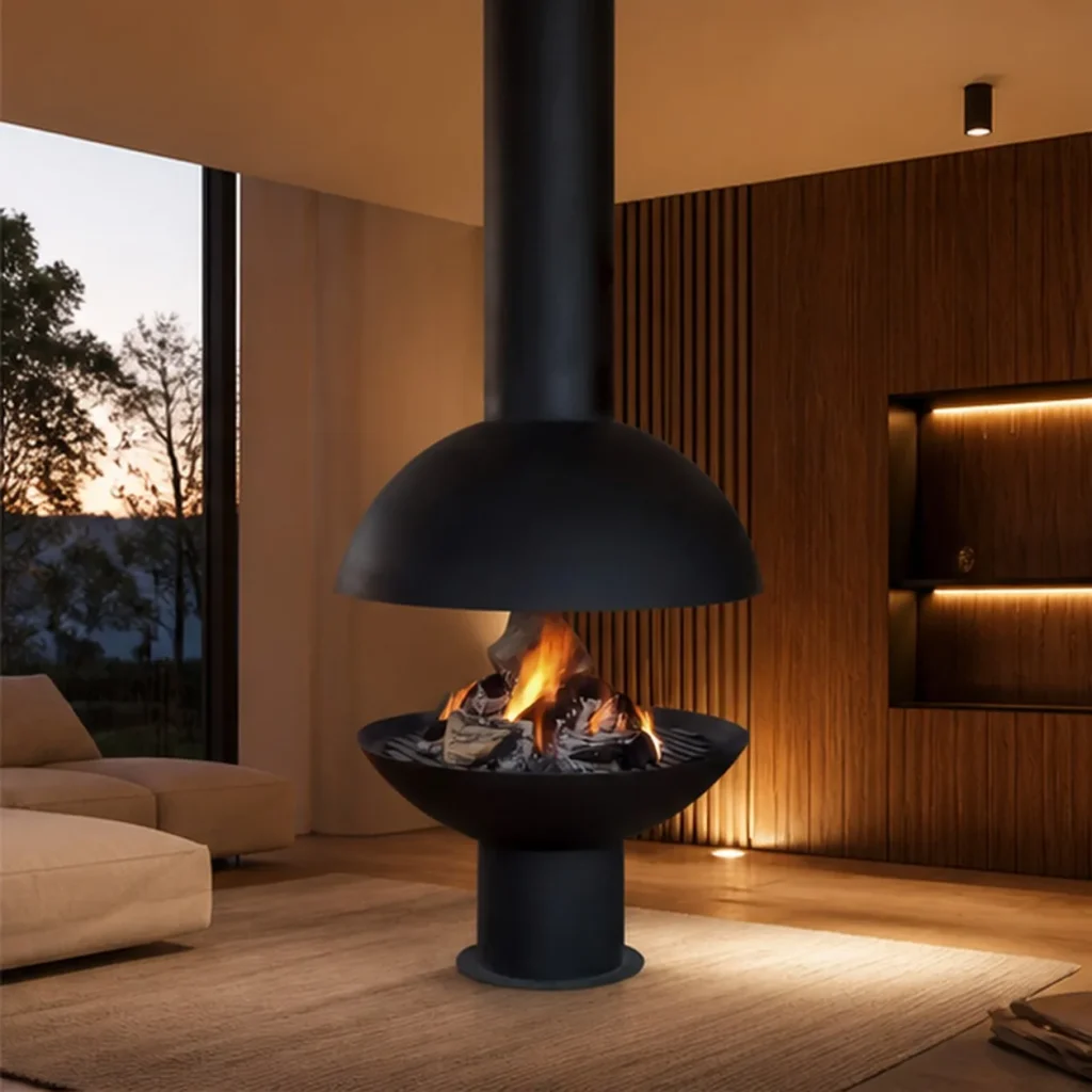 Christie Suspended Dome Fireplace with Open Bowl, 70 cm in black — front view