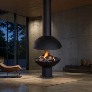 Christie Suspended Dome Fireplace with Open Bowl, 70 cm in black — in a room setting