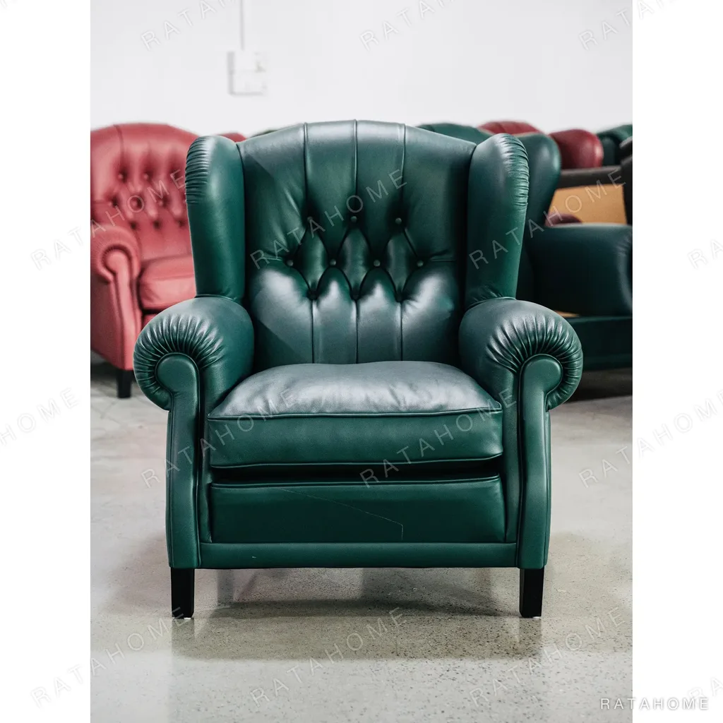 Cigar Wingback Armchair in Emerald Green Leather — in a room setting