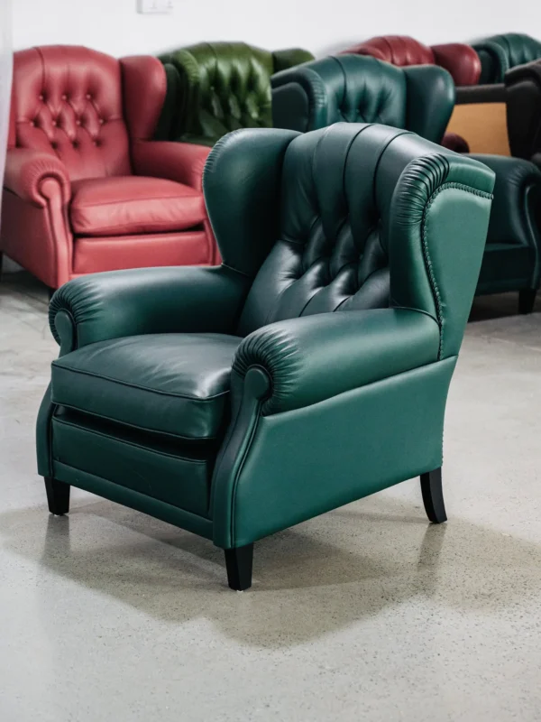 Cigar Wingback Armchair in Emerald Green Leather — in a room setting