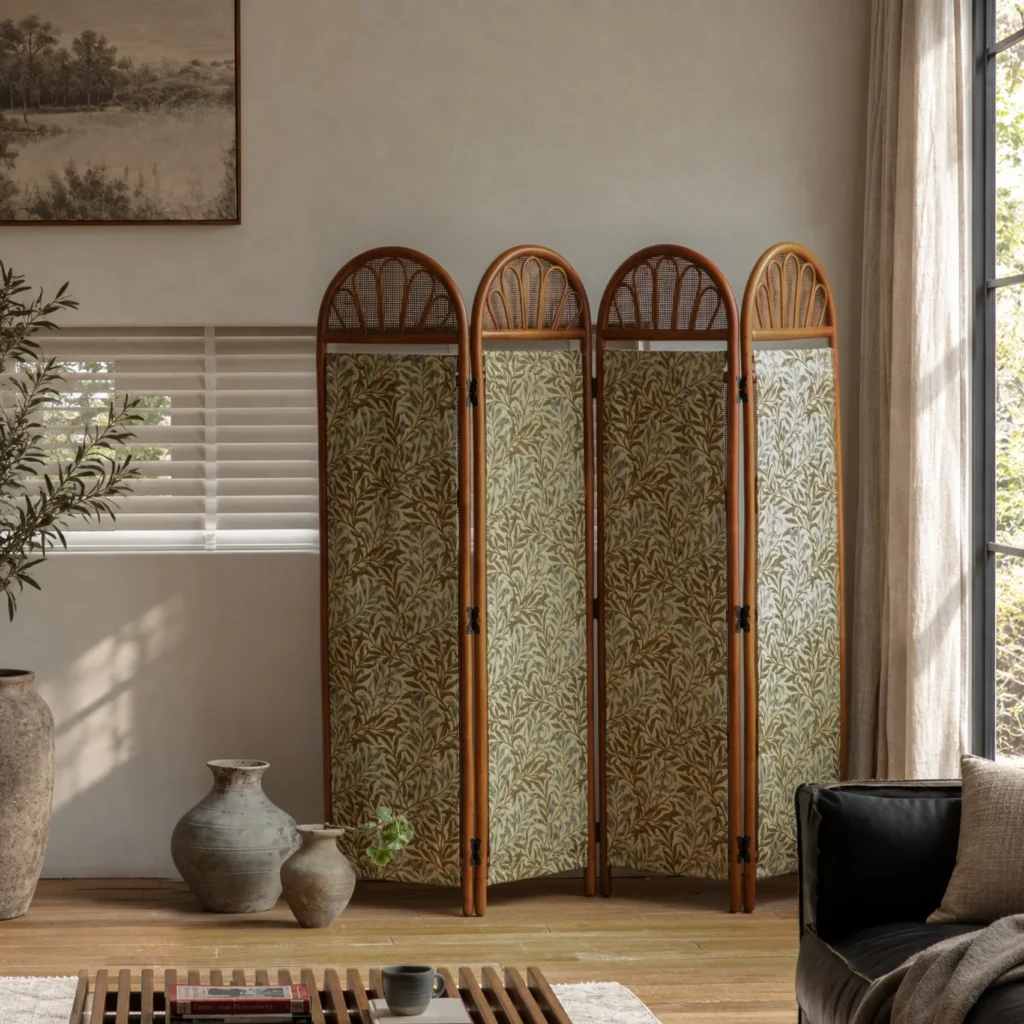 Arched Rattan Folding Screen with Leaf-Pattern Panels in olive — front view