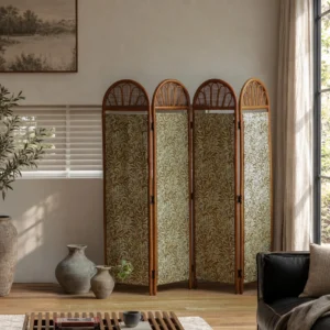 Arched Rattan Folding Screen with Leaf-Pattern Panels in olive — front view