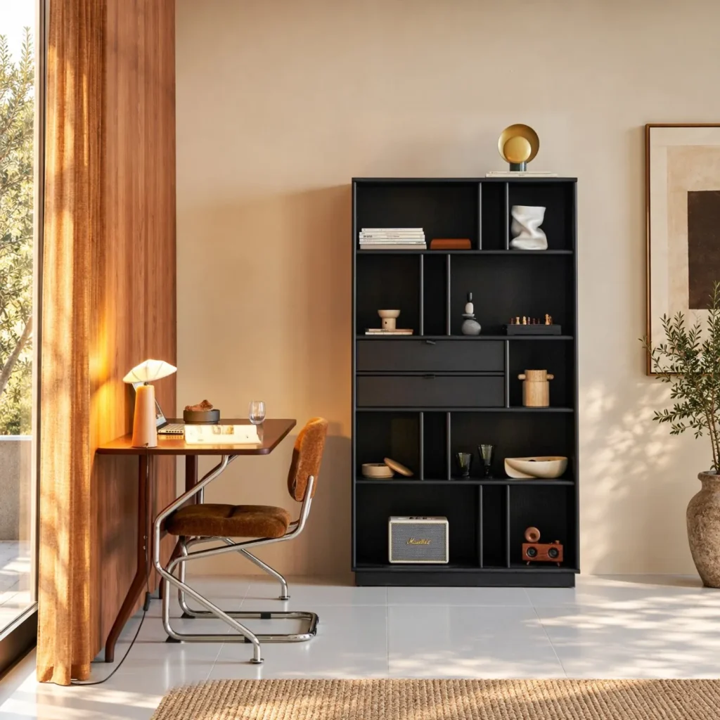 Black Solid Wood Display Bookcase with Two Drawers in black — front view