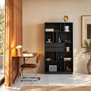 Black Solid Wood Display Bookcase with Two Drawers in black — front view