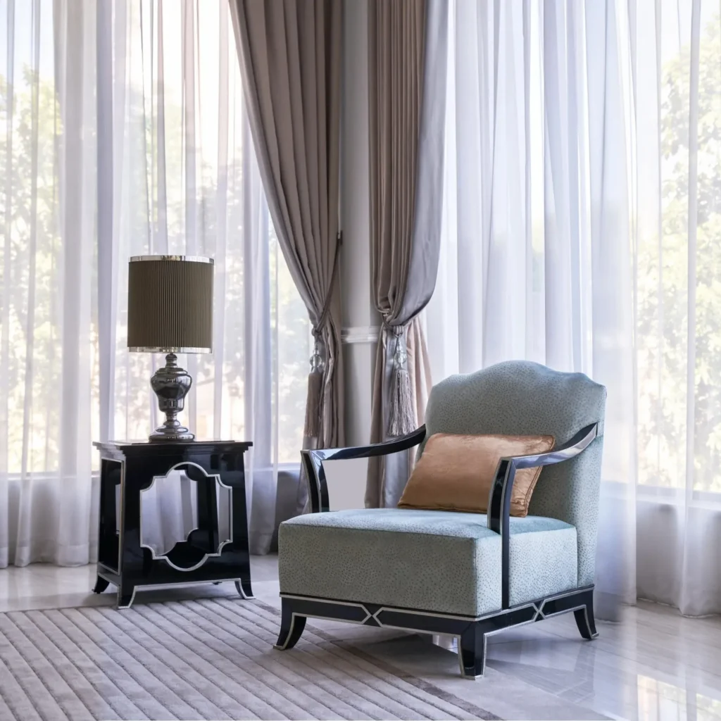 Adelyn Blue-Grey Velvet Armchair with Beech Arm Rails in blue — front view