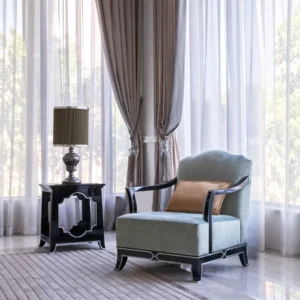 Adelyn Blue-Grey Velvet Armchair with Beech Arm Rails in blue — front view