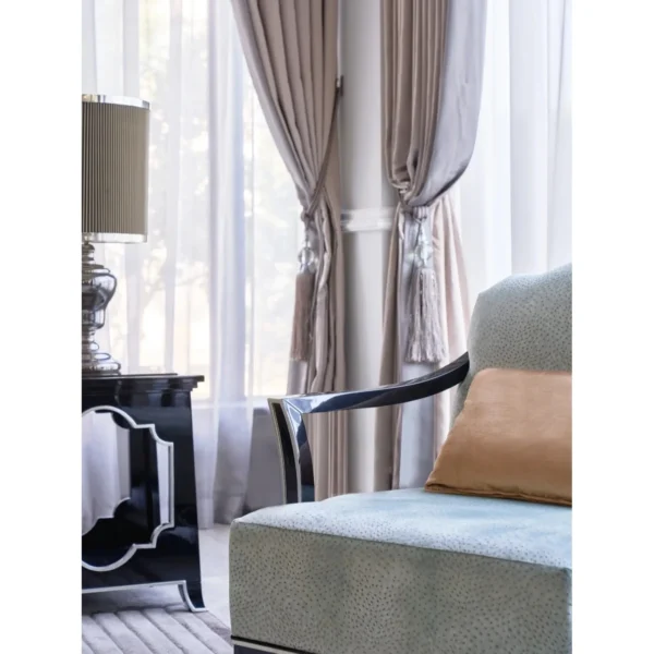 Adelyn Blue-Grey Velvet Armchair with Beech Arm Rails in blue — in a room setting