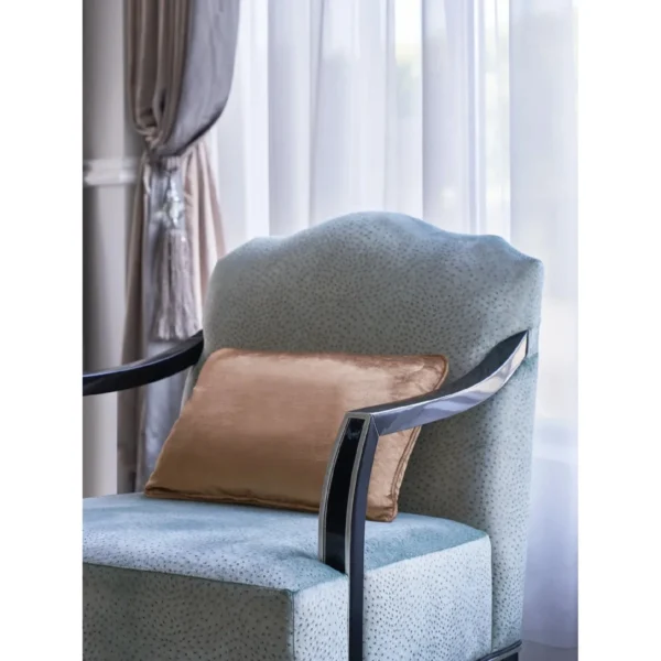 Adelyn Blue-Grey Velvet Armchair with Beech Arm Rails in blue — in a room setting