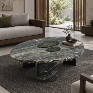 Green-Veined Marble Round Coffee Table with Inset Discs in olive — front view