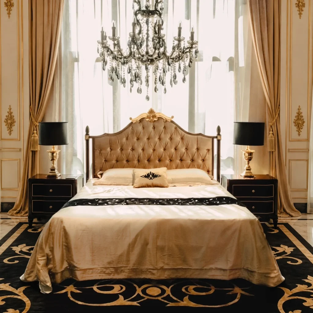 Carved Gilt Classical Bed in brushed brass — front view