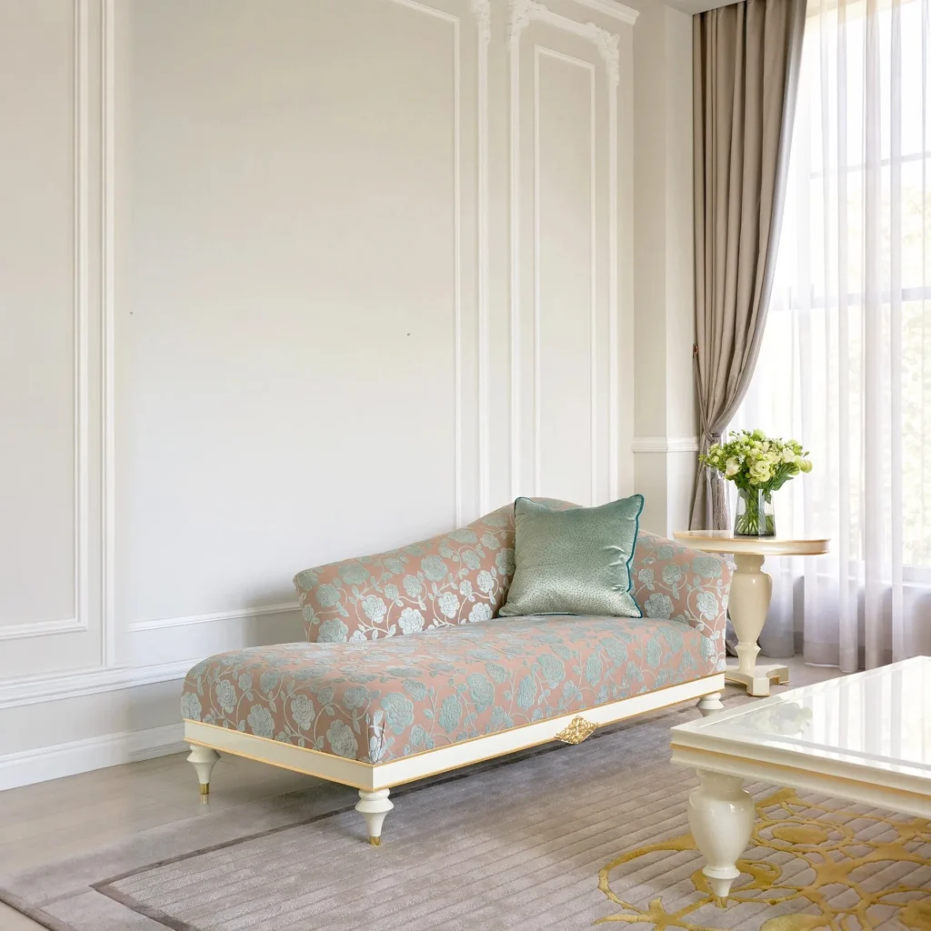 Jade Classical Chaise Lounge in Blush Damask on Cream Frame — front view