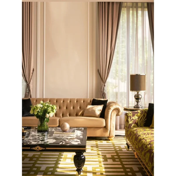 Jade Classical Chaise Lounge in olive — in a room setting