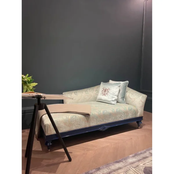 Jade Classical Chaise Lounge in olive — in a room setting