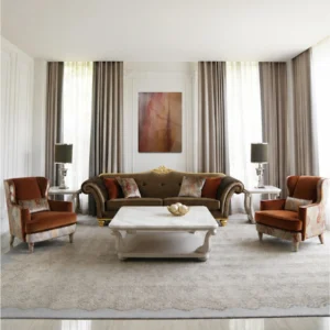 Classical Sofa Set in Coffee and Orange Velvet with Gilded — front view