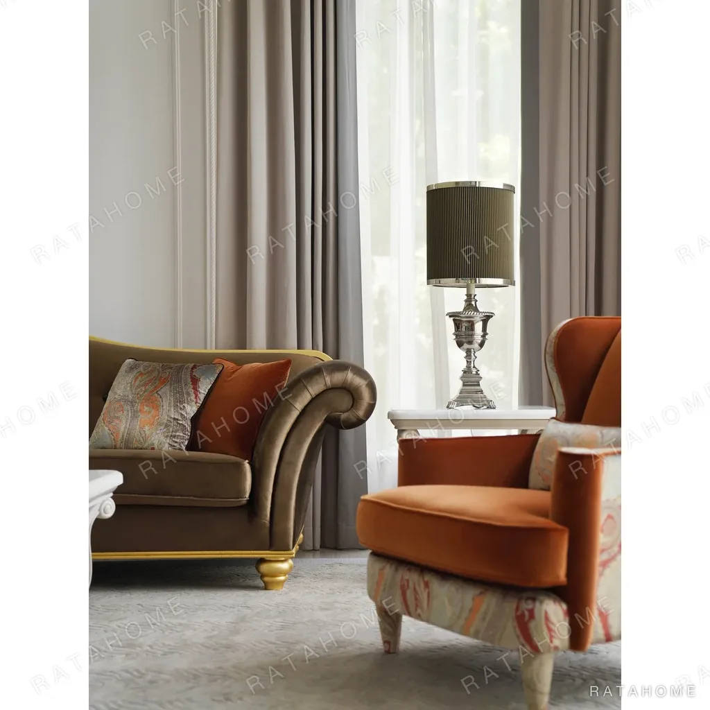 Classical Sofa Set in Coffee and Orange Velvet with Gilded — in a room setting