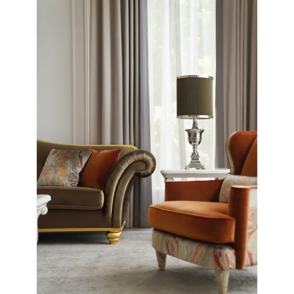 Classical Sofa Set in Coffee and Orange Velvet with Gilded — in a room setting