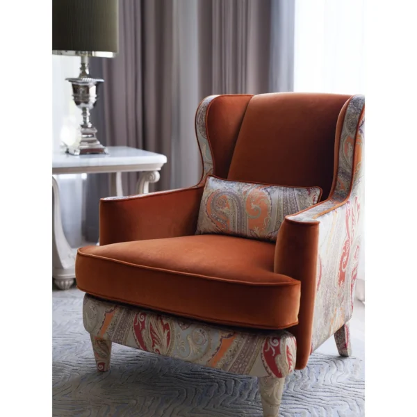 Classical Sofa Set in Coffee and Orange Velvet with Gilded — in a room setting