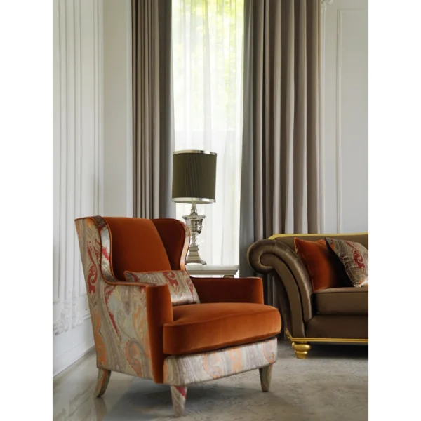 Classical Sofa Set in Coffee and Orange Velvet with Gilded — in a room setting