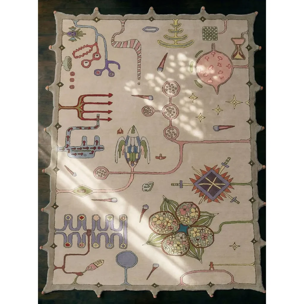 Classical Symbol Rug with Scalloped Border in Cream — front view
