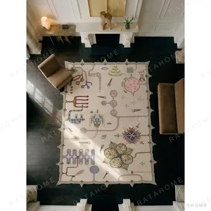 Classical Symbol Rug with Scalloped Border in Cream — in a room setting