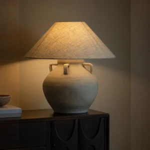 Large Stoneware Urn Table Lamp with Linen Shade in slate — front view