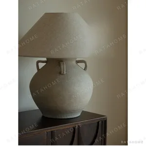 Large Stoneware Urn Table Lamp with Linen Shade in slate — in a room setting