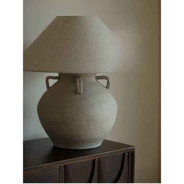 Large Stoneware Urn Table Lamp with Linen Shade in slate — in a room setting