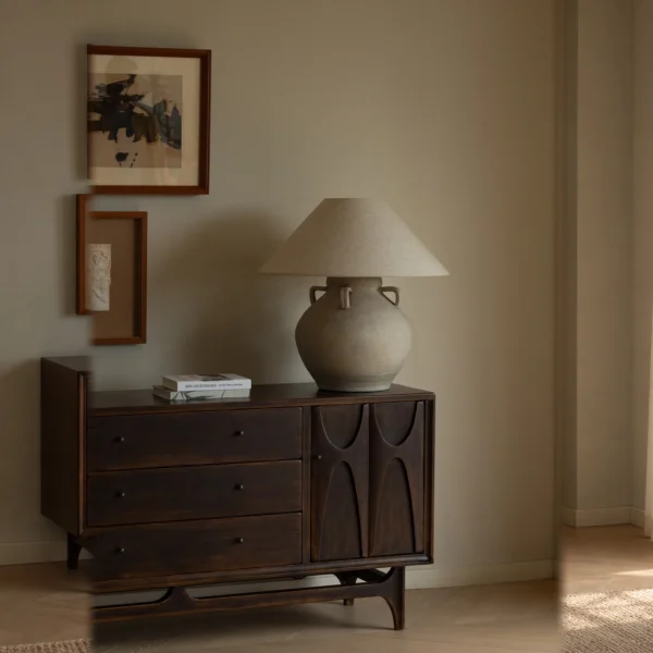 Large Stoneware Urn Table Lamp with Linen Shade in slate — in a room setting