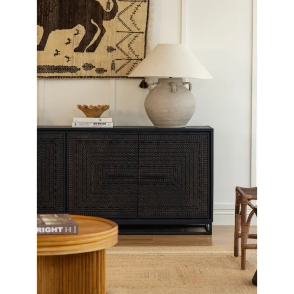 Large Stoneware Urn Table Lamp with Linen Shade in slate — in a room setting