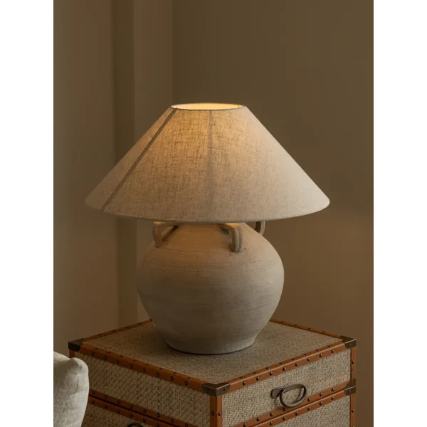 Large Stoneware Urn Table Lamp with Linen Shade in slate — in a room setting