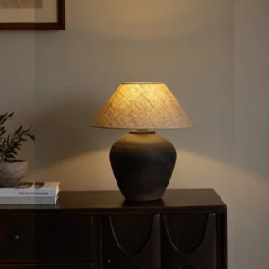 Glazed Clay Pot Table Lamp with Linen Shade, French Vintage in clay — front view