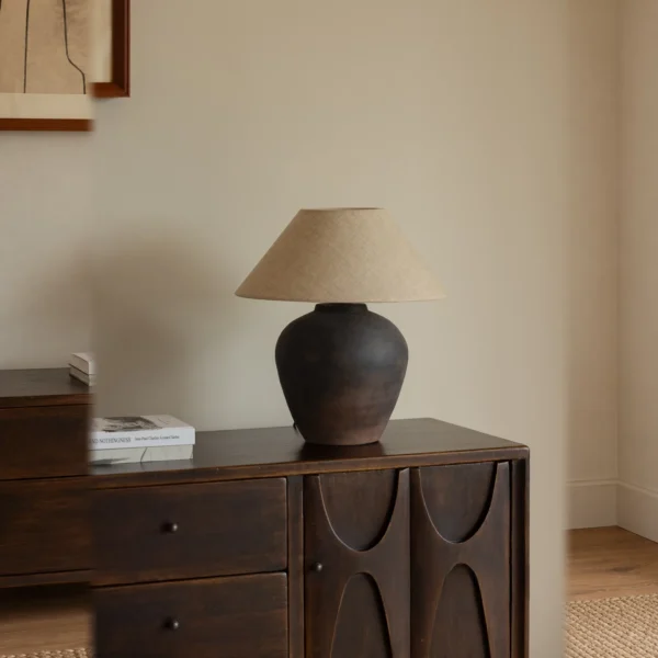 Glazed Clay Pot Table Lamp with Linen Shade, French Vintage in clay — in a room setting