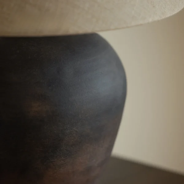 Glazed Clay Pot Table Lamp with Linen Shade, French Vintage in clay — in a room setting