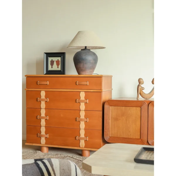 Glazed Clay Pot Table Lamp with Linen Shade, French Vintage in clay — in a room setting