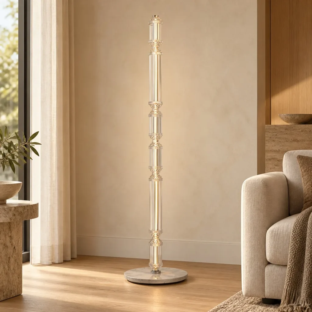 Clear Bamboo Joint Glass Column Floor Lamp in ivory — front view