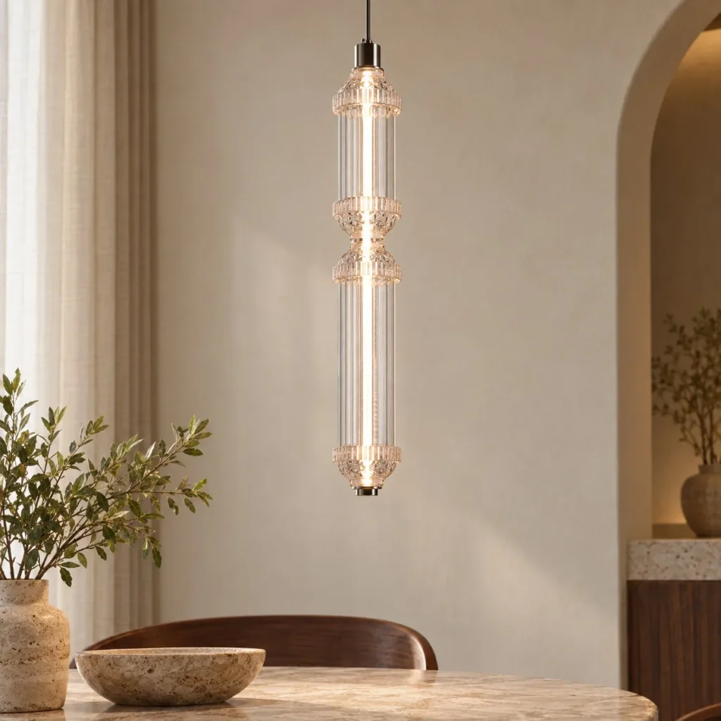 Clear Bamboo Joint Glass Pendant Light, Four Lengths in ivory — front view