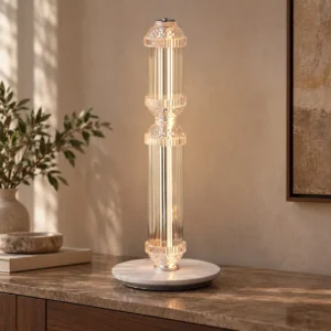 Clear Glass Bamboo Joint Table Lamp on Marble Base in silver — front view