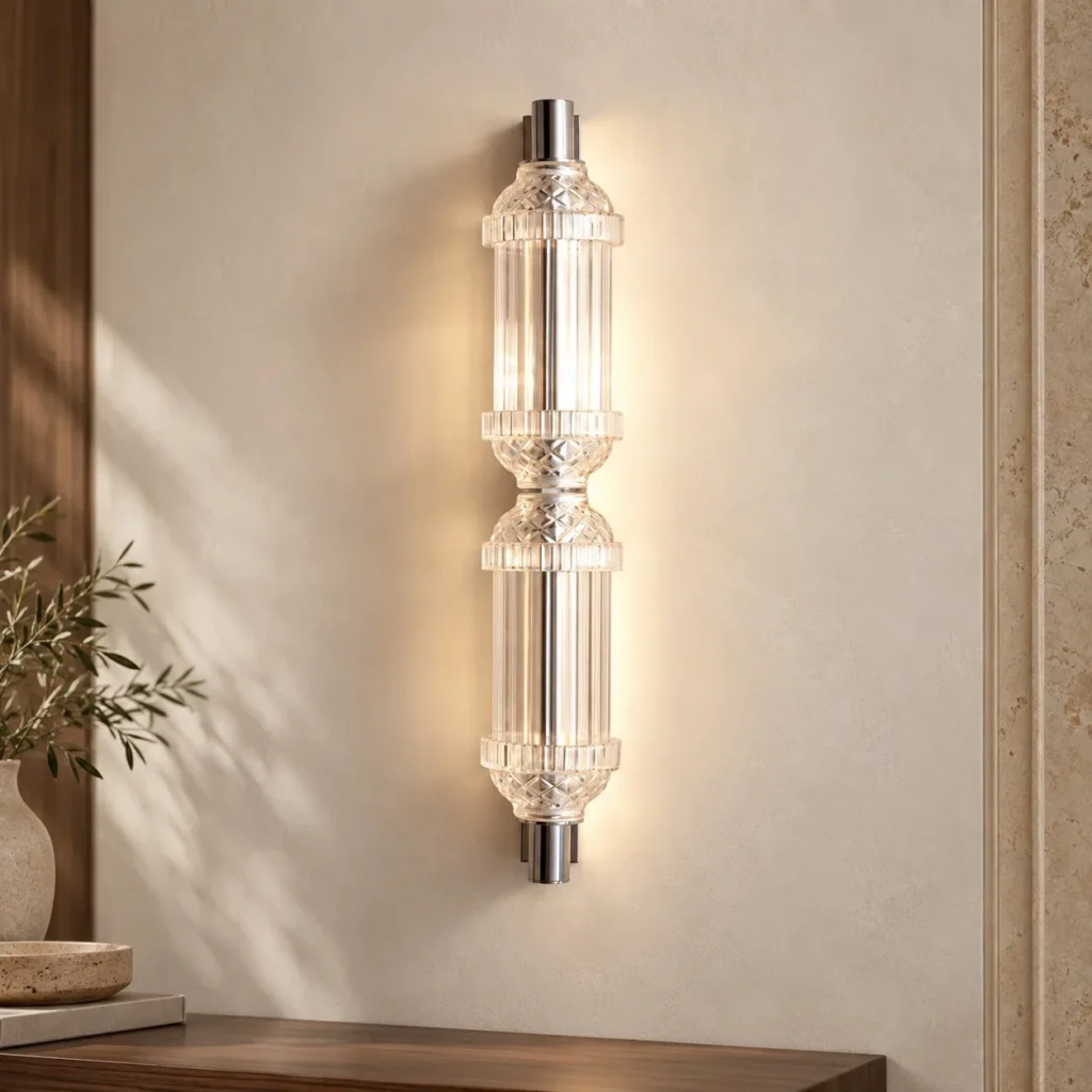 Clear Glass Bamboo Joint Wall Light with Chrome Caps in silver — front view